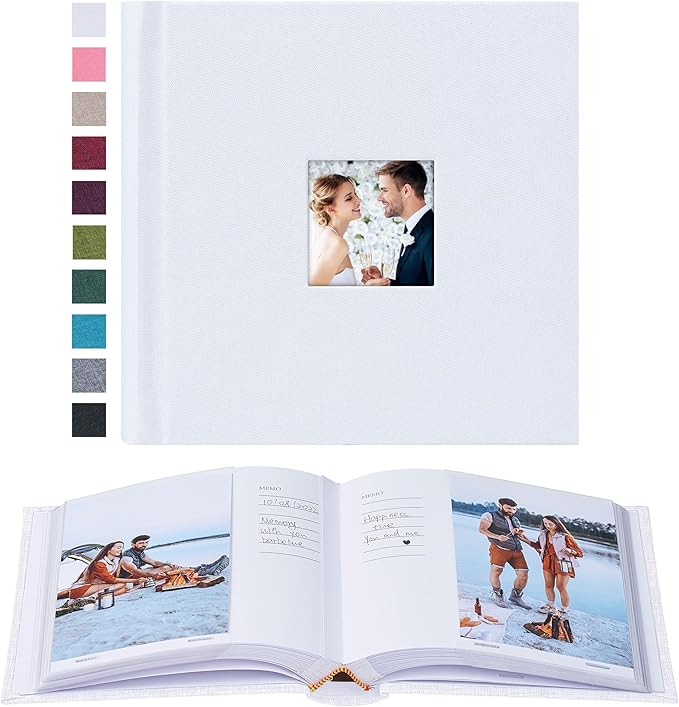 Mublalbum Small 4x6 Photo Album Linen Cover with Memo Areas Photobook Pictures Book Holds Vertical Pockets for Wedding Family Baby and Vacation (White)