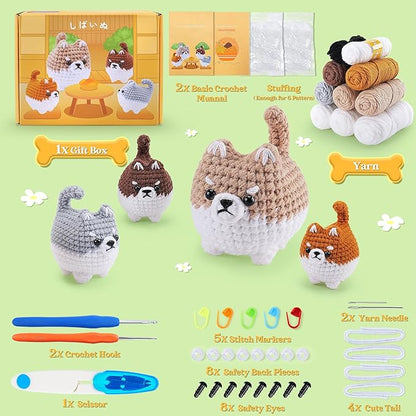 Crochet Kit for Beginners- 4 PCS Fat Shiba Inu Crochet Kits for Adults, 4PCS Corgi Dog Crochet Animal Kit with Step-by-Step Video Tutorials, Yarn, Crochet Hook, Instructions DIY Knitting Kit