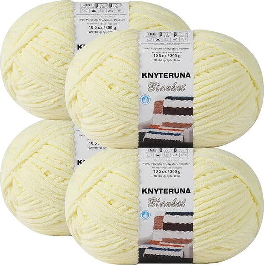 #6 Super Bulky Blanket Yarn for Crocheting - 4 Skeins(Each 10.5oz/300g, 220yds/201m), Chunky Chenille Thick Plush Big Soft Yarn for Crocheting Knitting Blankets, Light Yellow