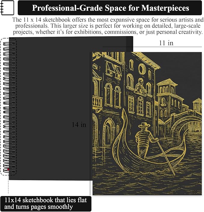 SuFly Black Paper Drawing Pad, 60 Sheets Large Sketch Book 11x14, Spiral Bound - Hardcover,90lb/150gsm Black Paper Notebook for Gel Pens.
