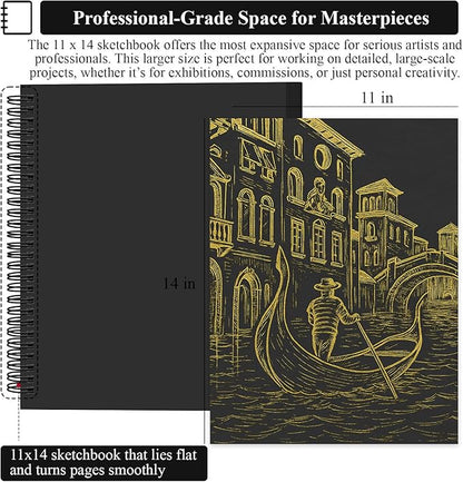 SuFly Black Paper Drawing Pad, 60 Sheets Large Sketch Book 11x14, Spiral Bound - Hardcover,90lb/150gsm Black Paper Notebook for Gel Pens.