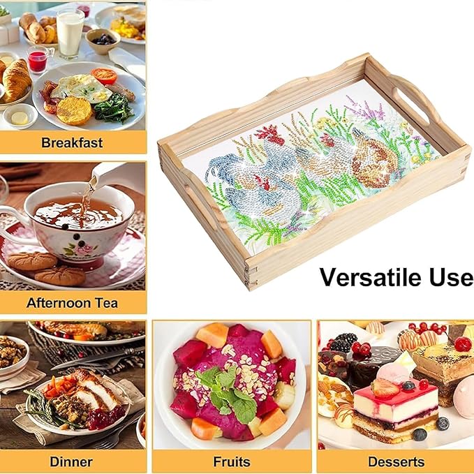 DIY Diamond Art Wooden Tray Kit, Food Tray with Handle Diamond Painted Table Decoration Tray, for Breakfast, Bar Dinner Table Diamond Dots Gem Painting Art Set for Beginners-#25-Chicken