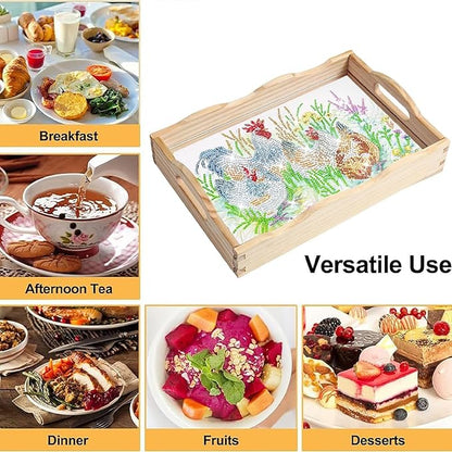 DIY Diamond Art Wooden Tray Kit, Food Tray with Handle Diamond Painted Table Decoration Tray, for Breakfast, Bar Dinner Table Diamond Dots Gem Painting Art Set for Beginners-#25-Chicken