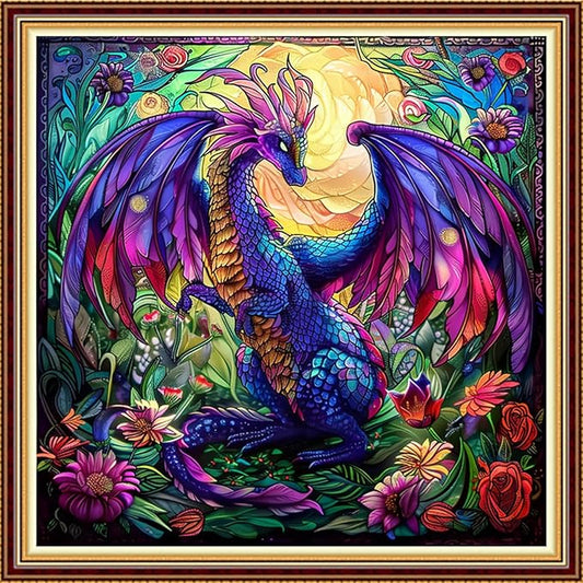 Funart Stamped Cross Stitch Kits for Beginners Full Range of Cross Stitching Preprinted Embroidery Kits for Adults, 11CT Embroidery Pattern Needlepoint Kits-Colored Dragon Flower 18x18 inchs