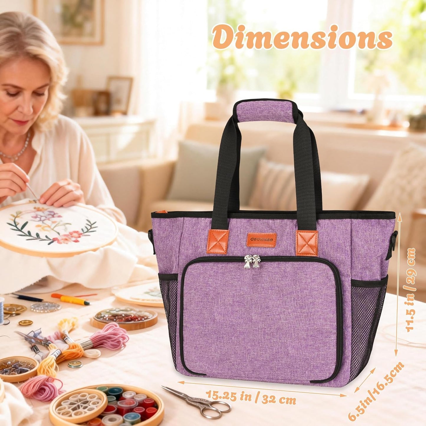 Embroidery Project Bag with Multiple Compartments & Shoulder Strap (Purple)