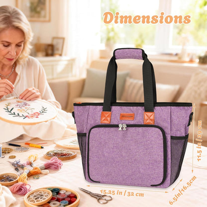 Embroidery Project Bag with Multiple Compartments & Shoulder Strap (Purple)