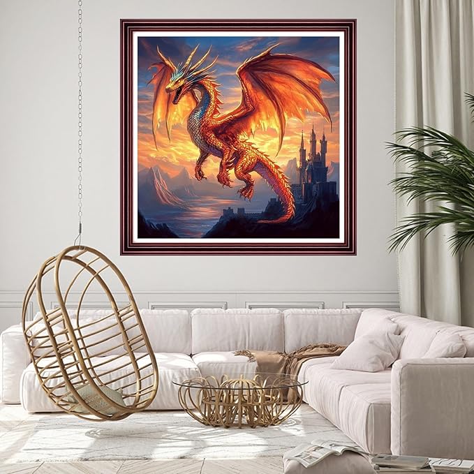 Stamped Cross Stitch Kits for Adults 11CT Printed Cross-Stitch Patterns Embroidery Kits Easy Cross Stitching Needlepoint Kits Crossstitch-Flying Dragon in The Sky Castle 18x18 inch