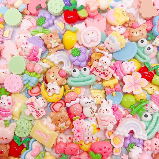 JINDUODUO 120 Pcs Slime Charms Bulk DIY Craft Making Kit, Cute Flat Back Mixed Resin Charms for Crafts