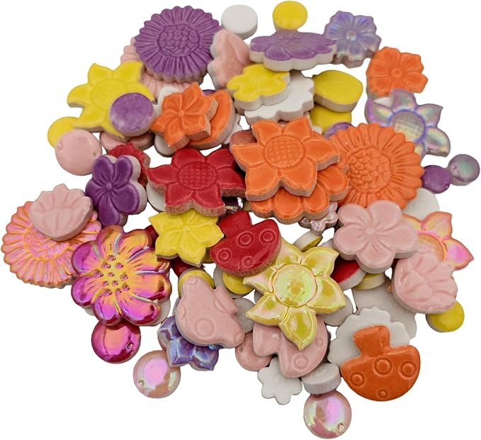 500g/1.1lb Random Color Irregular Ceramics Mosaic Tiles,DIY Making Creative Ceramic Mosaic Tiles for DIY Craft Plates Flowerpots Vases Cups Mosaic Making Supplies (Flowers, Berries, Mushrooms)