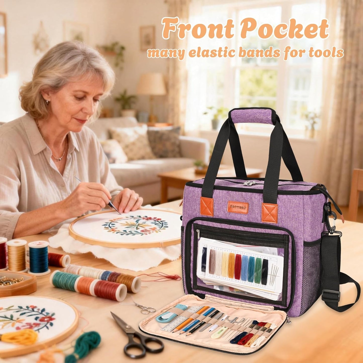 Embroidery Project Bag with Multiple Compartments & Shoulder Strap (Purple)