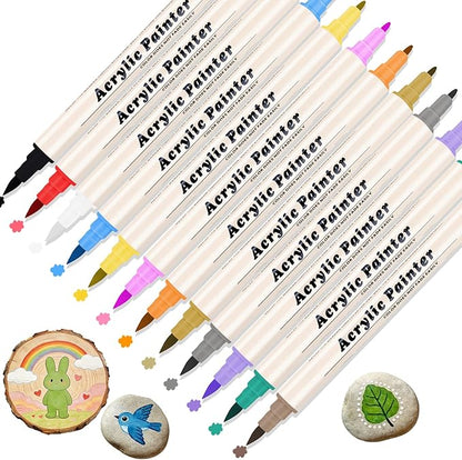 SZTCECDM 12 Colors Acrylic Paint Markers Set, Waterproof Acrylic Paint Pens, Dual Tip Drawing Markers with Brush and Fine Tip for Wood, Rock, Canvas, Glass