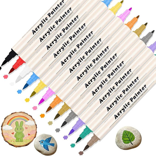 SZTCECDM 12 Colors Acrylic Paint Markers Set, Waterproof Acrylic Paint Pens, Dual Tip Drawing Markers with Brush and Fine Tip for Wood, Rock, Canvas, Glass