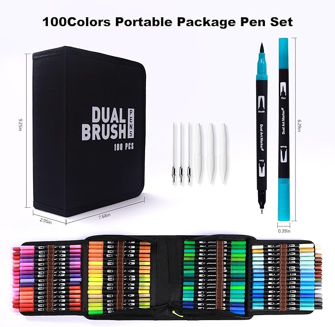 Abvqr Dual Markers Brush Pens, 100 Coloring Pens and Fine Tips – Premium Art Supplies for Adults, Perfect for Coloring Books, Hand Lettering, Calligraphy, and Drawing