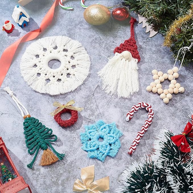 FREEBLOSS 9 Set DIY Macrame Christmas Oranments Macrame Xmas Gnomes Macrame Christmas Tree Macrame Hanging Ornament Kit Macrame Kits for Adults Beginners Macrame Supplies for Christmas Crafts