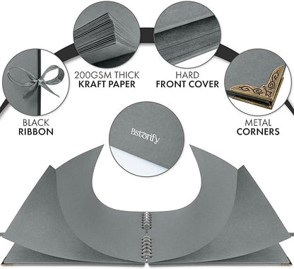 Bstorify Square Scrapbook Photo Albums 50 Pages (11 x 8.5 Inch) Grey Thick Paper, Hardcover, Ribbon Closure - Ideal for Your Scrapbooking Albums, Art & Craft Projects (Grey, 11 x 8.5 Inch)