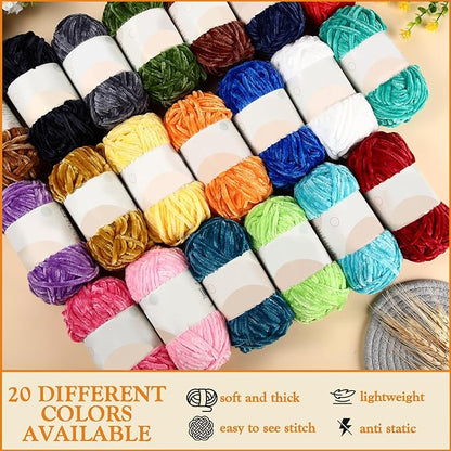 Woanger 20 Skeins Soft Chenille Yarn Velvet Blanket Yarn for Crocheting Hand Knitting Weaving DIY Craft, 93 Yards Each (Novel Color)