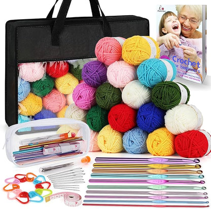 Crochet Yarn for Crocheting, Aeelike 1093 Yards Acrylic Yarn for Knitting,Full Crochet Kits for Beginners and Professionals, Aluminum Crochet Hooks, Instruction Book and Black Storage Bag