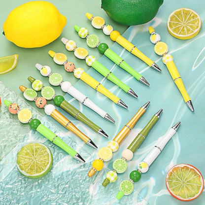 Geyee 12 Set Plastic Beadable Pens Assorted Bead Pens Crystal Wood Round Spacer Set Black Ink DIY Ballpoint for Women Men Gift Office Supplies(Lemon)