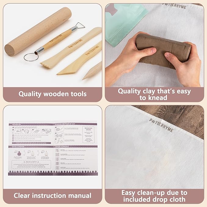 Pottery Starter Kit for Adults with Air Dry Clay – Complete Deluxe Home Sculpting & Making Set with Tools, 8 Paint Colors & Varnish - DIY Home Ceramics for Beginners, Date Night Activities Gifts