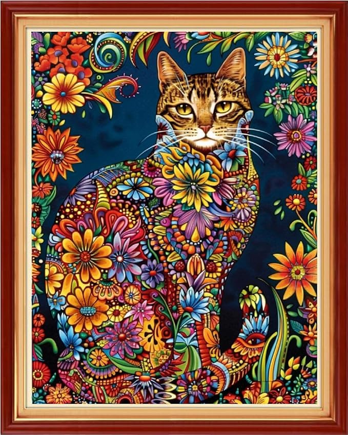 Funart Stamped Cross Stitch Kits for Beginners Full Range of Cross Stitching Preprinted Embroidery Kits for Adults, 11CT Embroidery Pattern Needlepoint Kits-Colorful Cat 16x20 inchs