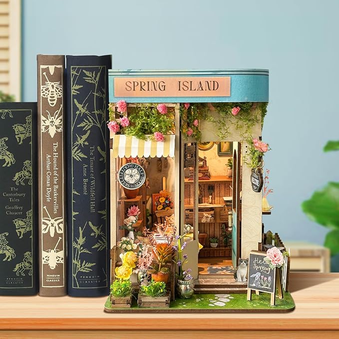 Foyucool DIY Book Nook Kit, Miniature Bookshelf Decor with LED Lights, Laser-Cut Wooden Craft Set for Adults, Creative Gift for Christmas, Birthday, Spring Island
