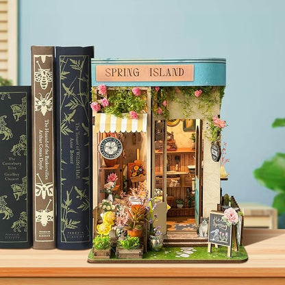 Foyucool DIY Book Nook Kit, Miniature Bookshelf Decor with LED Lights, Laser-Cut Wooden Craft Set for Adults, Creative Gift for Christmas, Birthday, Spring Island