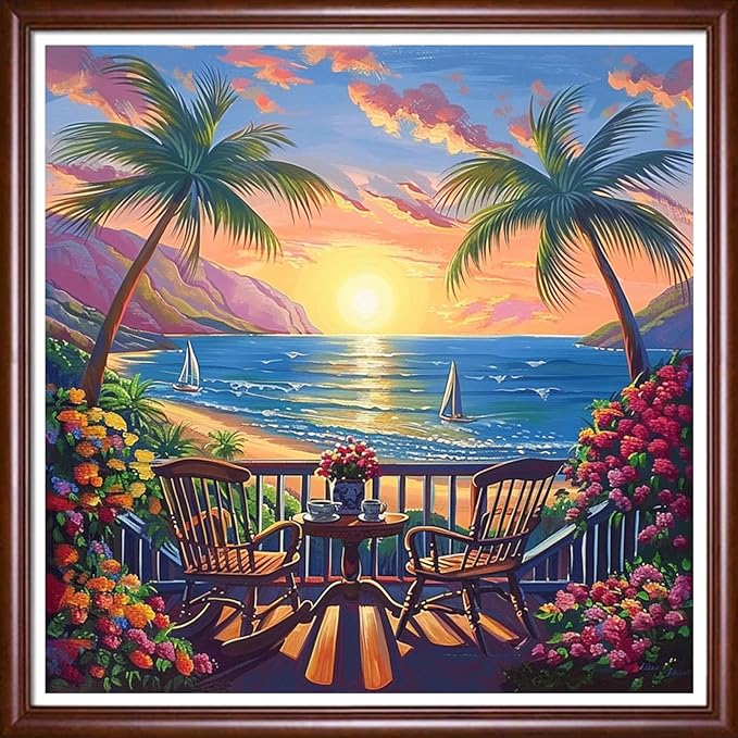 Redxing Stamped Cross Stitch Kits Full Range of Embroidery Starter Kits- Needlepoint Counted Cross Stitch Kits for Beginner Adults 11CT Printed Embroidery Kit-Sunset Afternoon Tea 18x18 inchs