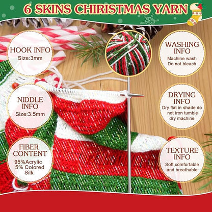 Timgle 6 Pcs Skeins Christmas Yarn for Crocheting 186 Yard Christmas Glitter Yarn Soft Each 100g/ 3.53 oz Knitting Crocheting Gift Craft Project Assorted Starter (Mixcolor Red Green White)