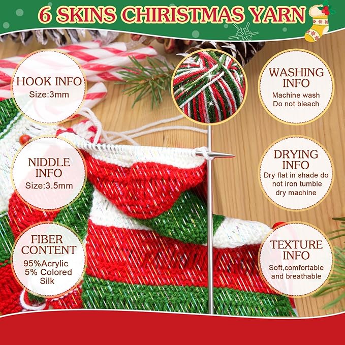 Timgle 3 Pcs Skeins Christmas Yarn for Crocheting 186 Yard Christmas Glitter Yarn Soft Each 100g/ 3.53 oz Knitting Crocheting Gift Craft Project Assorted Starter (Mixcolor Red Green White)