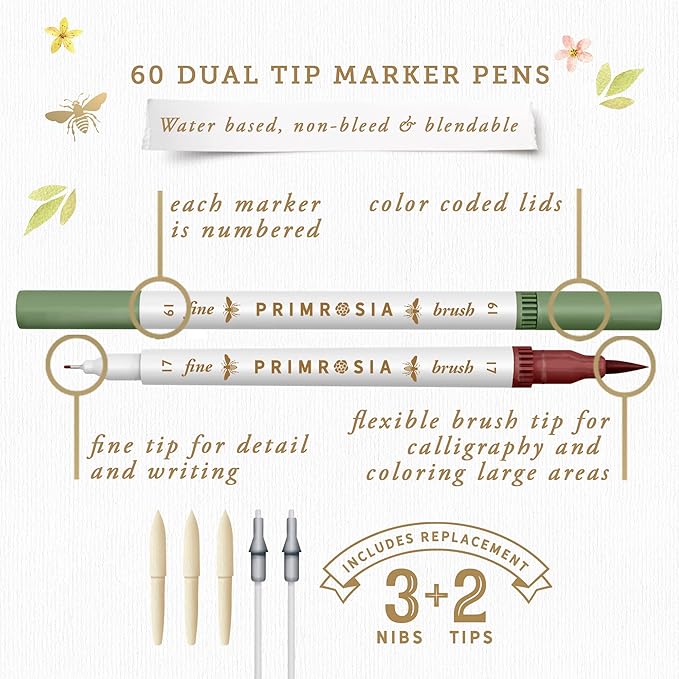 Primrosia 60 Dual Tip Marker Pens, Fineliner and Watercolor Brush Pens for Art Sketching Illustration Calligraphy Permanent Highlighter Bullet Journal Drawing Coloring
