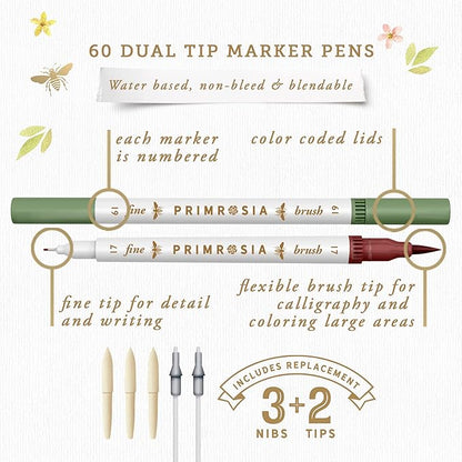 Primrosia 60 Dual Tip Marker Pens, Fineliner and Watercolor Brush Pens for Art Sketching Illustration Calligraphy Permanent Highlighter Bullet Journal Drawing Coloring