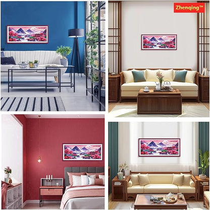 Zhenqing Purple Dawn Oriental Cross Stitch Kit – 11CT 146x60cm Large Aida Cloth with Cherry Blossoms & Ancient Landscape – Serene Home Wall Art Decor(65003)