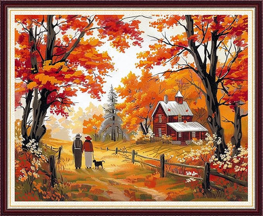 Foxnyart Stamped Cross Stitch Kits Full Range of Embroidery Needlework Starter Kits for Beginners Adults 11CT Embroidery Patterns Art Crafts DIY Needlepoint Kit-Golden Homeland Late Autumn 16x20 inch