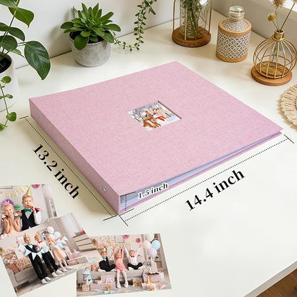 Hiwhy 12x12 Inch Large 3 Ring DIY Scrapbook Photo Album, Linen Cover Scrapbook with 40 Sheets Plastic Sleeves 80 Pages Memory Book for Wedding Birthday Baby Family (Pink)