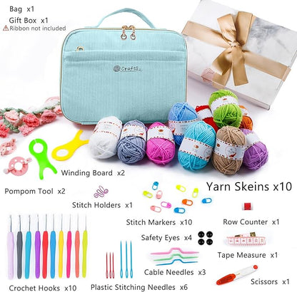 MYBAGZING Crochet Kit for Beginners with Yarn Storage Bag, 10pcs Crochet Hooks 2.0-6.0 mm, 10 Skeins Yarn for Crocheting, Knitting Accessories, 58pc Crochet Starter Kit for Adults