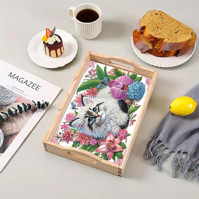 DoxQcs DIY Diamond Art Wooden Food Tray with Handle Diamond Painted Table Decoration Tray for Breakfast Bar Dinner Table Diamonds Art Painting for Beginners-Cat