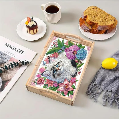 DoxQcs DIY Diamond Art Wooden Food Tray with Handle Diamond Painted Table Decoration Tray for Breakfast Bar Dinner Table Diamonds Art Painting for Beginners-Cat