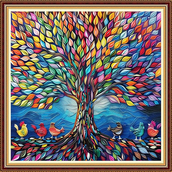 DMCVIVR Stamped Cross Stitch Kits for Adults Beginners Embroidery Kits 11CT Needlepoint Kits Cross Stitch Patterns Embroidery Patterns-Rainbow Tree Chicks 18x18 inch