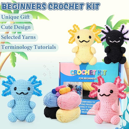 Weldomcor Crochet Kit for Beginners, Amigurumi Crocheting Animals Kits for Adults with Step-by-Step Video Tutorials Knitting Yarn Hooks DIY Crafts Starter Supplies Gifts Set (4 Pcs Mini Axolotls)