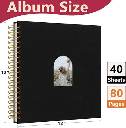 Vienrose 12X12 Inch DIY Scrapbook Album Linen Arch Window Photo Album 80 Blank Pages Scrap Book Photo Albums for Wedding Baby Shower, Black