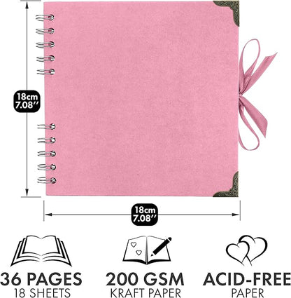 Bstorify Square Scrapbook Photo Albums 7 x 7 Inch Pink Thick Paper, Hardcover, Metal Corners, Ribbon Closure - Ideal for Your Scrapbooking Albums, Art & Craft Projects