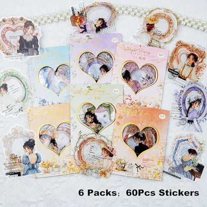 AuriicLeaf French Vintage Girl PET Sticker Set, 60PCS Scrapbook Supplies for Journaling, Planners, DIY Crafts and Gifts
