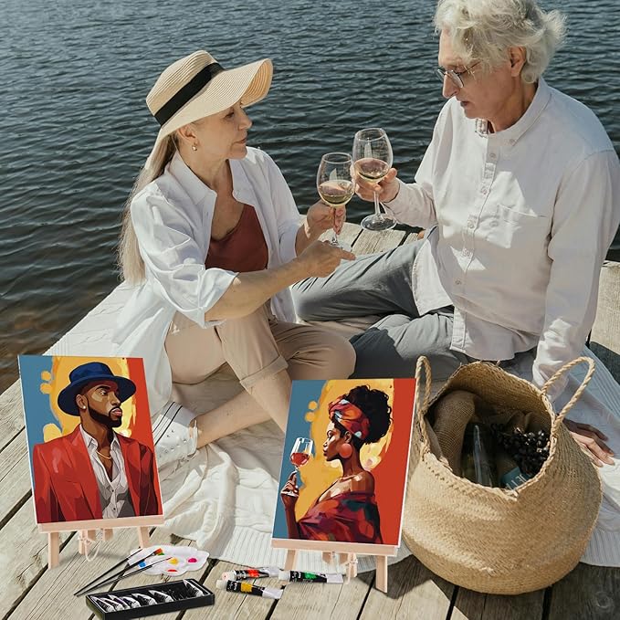 Ctosree 72 Pcs Couple Paint and Sip Kit for Adults 8'' x 10'' Pre Drawn Canvas for Painting DIY Pre Printed Canvas for Party Favor Afro Acrylic Painting Kit Wood Easel Brushes Date Night Bulk