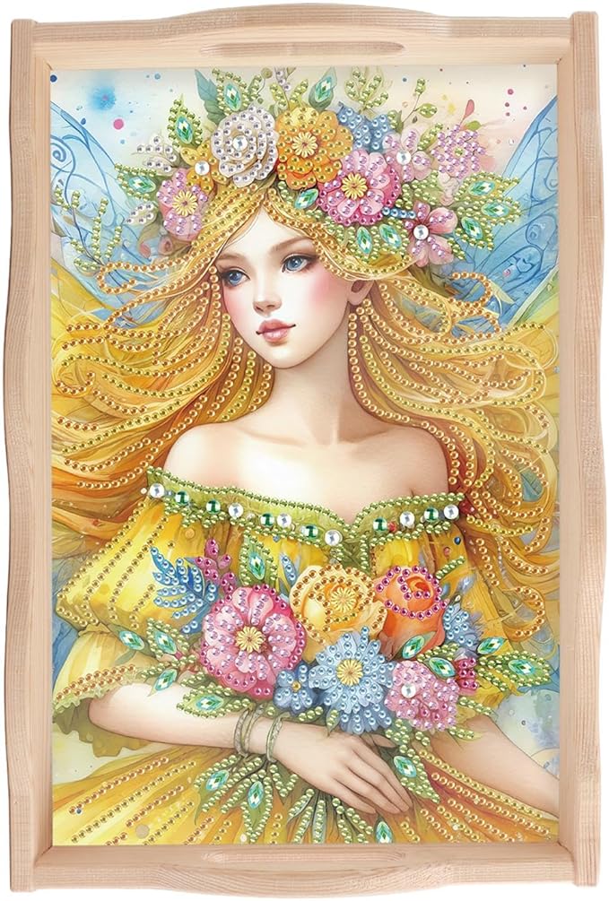 JISHSHAY Fairy Elf Diamond Art Serving Tray Diamond Painting Food Tray Gem Art Serving Platter Gem Painting Mosaic Kits for Adults DIY Kits for Adults, with Wood Handle 20×30cm/7.87×11.81in