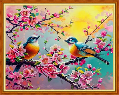 Funchey Stamped Cross Stitch Kits, DIY Cross Stitch Pattern for Adults Beginners Needlepoint Kits Embroidery Kit Arts and Crafts 11CT-Pink Peach Blossom Bird 16x20 inchs