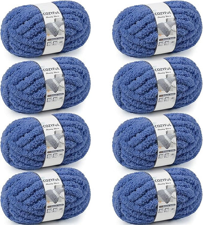 Chunky Yarn for Hand Knitting - #10 Chunky Chenille Yarn, Jumbo Big Thick Chunky Yarns for Crocheting, Super Bulky Chunky Knit Blanket Yarns, 8 Skein (25 yds 8 oz Each Skein), Country Blue