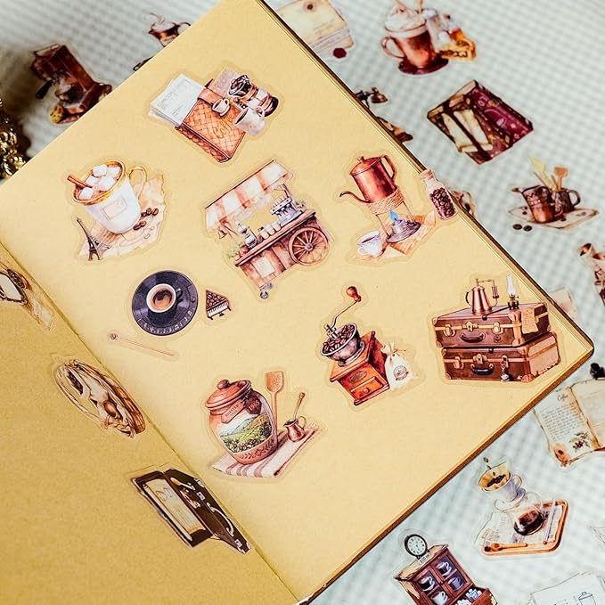 50Pcs Vintage Coffee Stickers for Scrapbooking, Journal, Photo Album, Kindle, Laptop, Refrigerators, Suitcase, Waterproof PET Transparent Aesthetic Decals