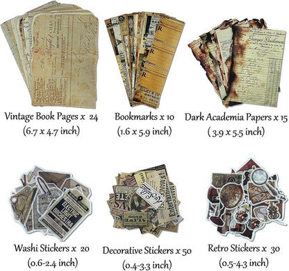 Vintage Aesthetic Scrapbook Supplies Kit with Scrapbook Paper, Stickers, Bookmarks for Scrapbooking, DIY Albums, Junk Journals, Bullet Journals, Dark Academia Aesthetic Decor (Dark3 149 Pcs)