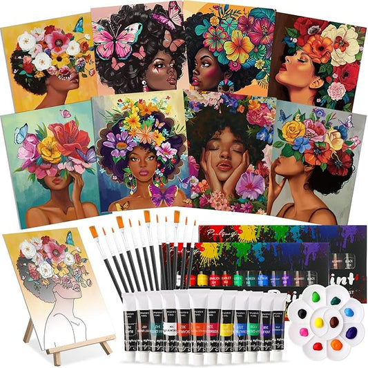 Cholemy 36 Pcs Valentine Paint and Sip Kit for Adults 8''x10'' Pre Drawn Canvas for Painting DIY Afro Acrylic Painting Kit Wood Easel Brushes Date Night Bulk for Party Gifts(Flower Lady)