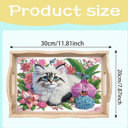 DoxQcs DIY Diamond Art Wooden Food Tray with Handle Diamond Painted Table Decoration Tray for Breakfast Bar Dinner Table Diamonds Art Painting for Beginners-Cat